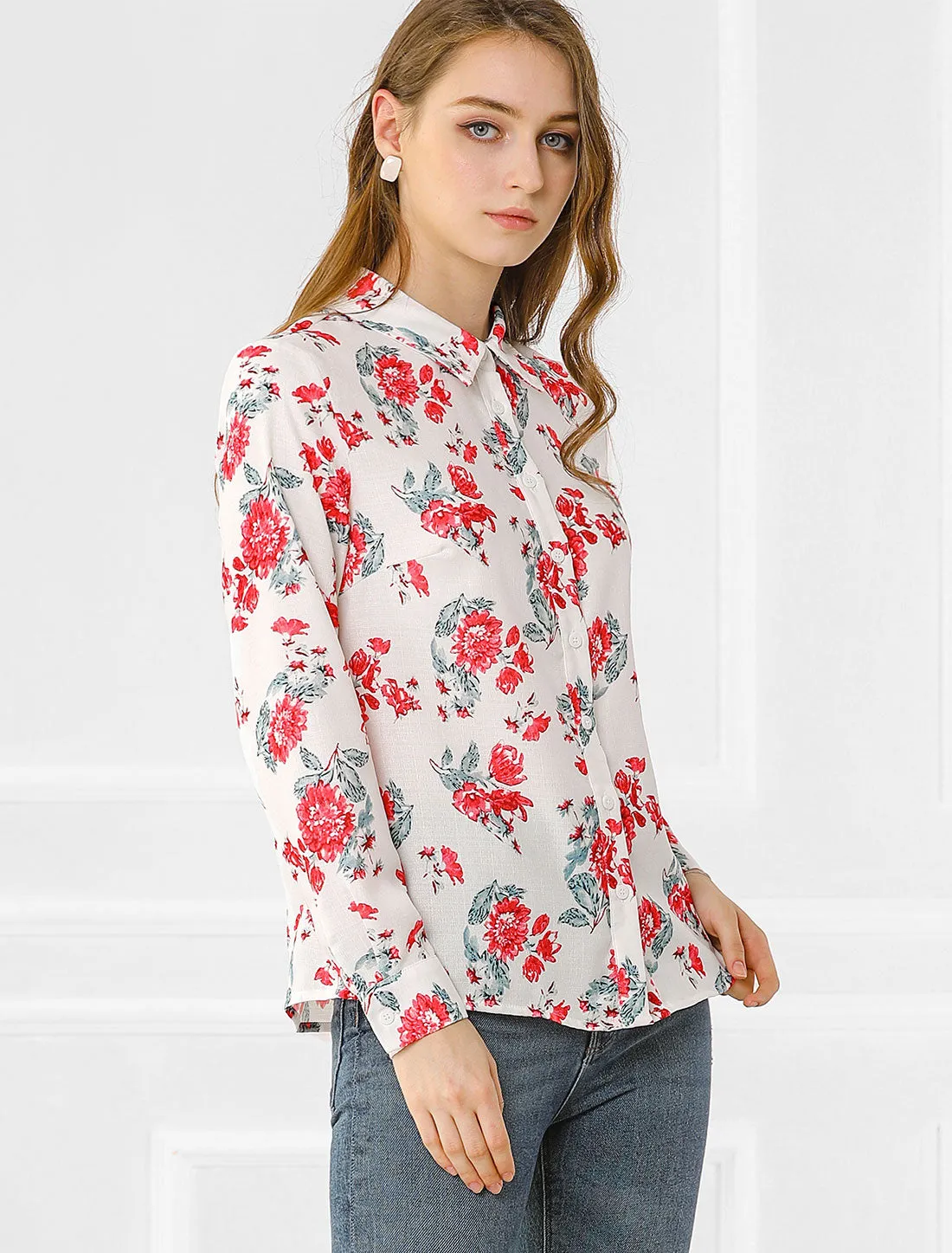 Button Down Floral Blouse Long Sleeve Point Collar Shirt Top sold by Allegra K product image thumbnail 4