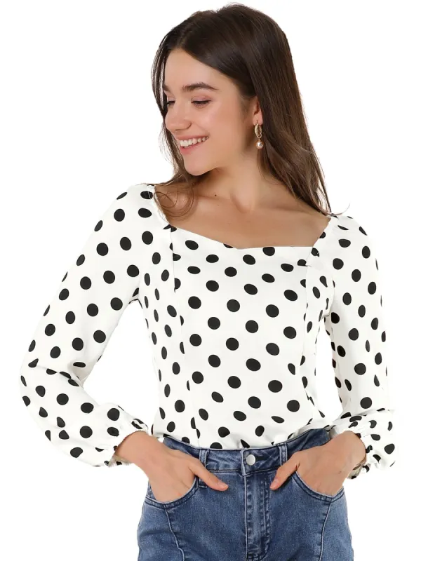 Women's Polka Dots Blouses Square Neck Puff Sleeve Shirt Tops sold by Allegra K