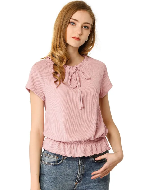 Women's Short Sleeve Tie Neck Ruffle Hem Round Neck Blouson Blouse Tops sold by Allegra K