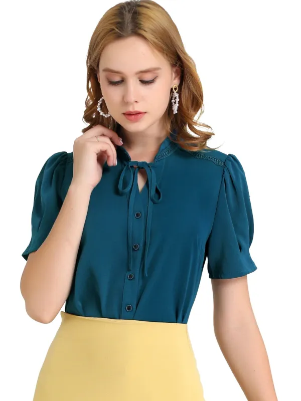 Women's Tie Neck Short Sleeve Shirt Puff Sleeve Button Front Lace Inset Stand Collar Blouse sold by Allegra K