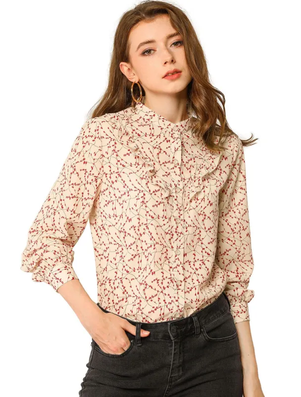 Women's Floral Print Long Sleeve Casual Shirts Ruffle Chiffon Blouse sold by Allegra K