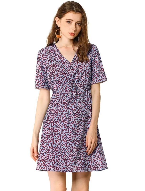 Women's Leopard Printed High Waist Drawstring V Neck Short Sleeves A-Line Dress sold by Allegra K
