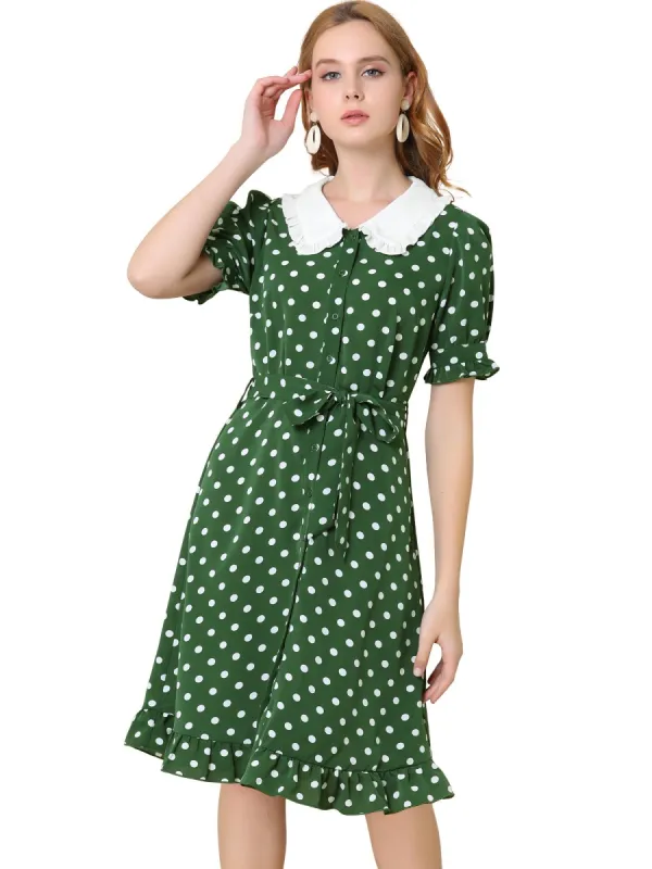 Women's Contrast Peter Pan Collar Button Down Tie Waist Ruffle Dots Print Dress sold by Allegra K