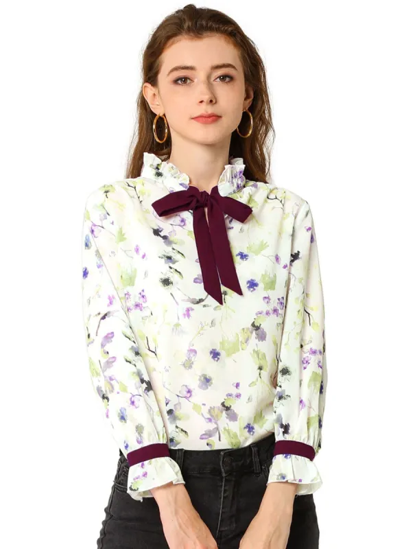 Women's Ruffle Tie Neck Contrast Color Floral Top Blouse sold by Allegra K
