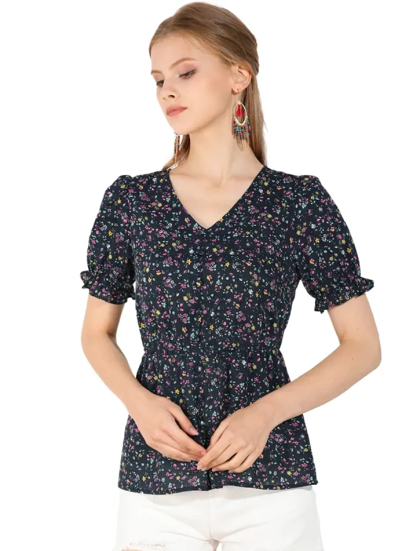 Women's Floral Peplum Top Ruffle Hem Puff Sleeve V Neck Summer Blouse sold by Allegra K