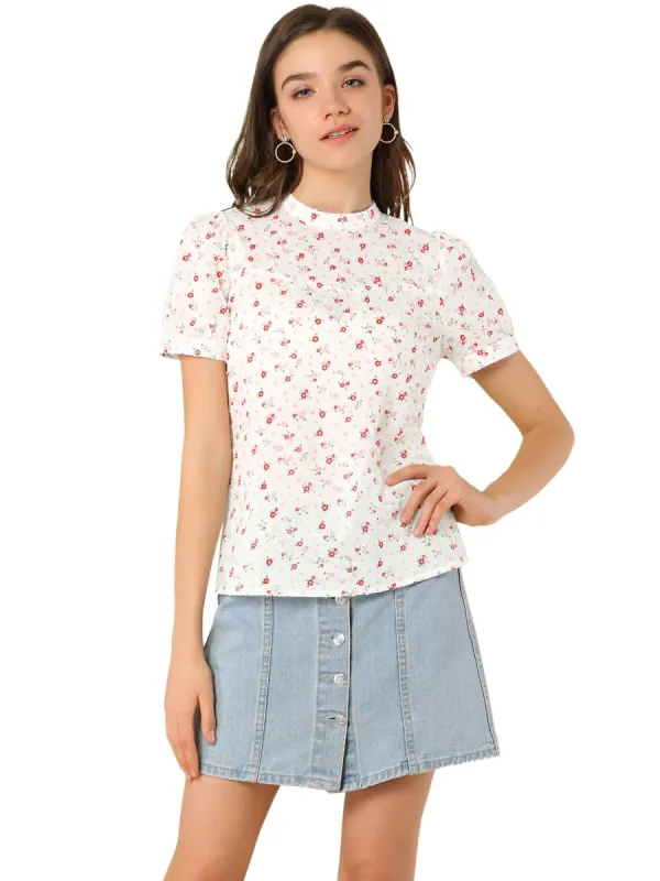Women's Casual Stand Collar Short Sleeve Floral Print Keyhole Back Blouse sold by Allegra K