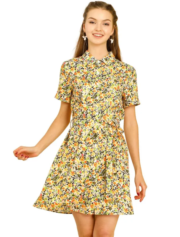 Women's Floral Short Sleeve Casual Tie Waist Pocket Shirt Dress sold by Allegra K