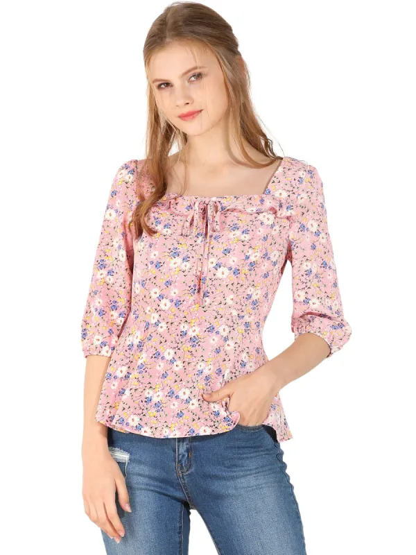 Women's Floral Print Ruffle Hem Tie Blouse Square Neck Vintage Top sold by Allegra K