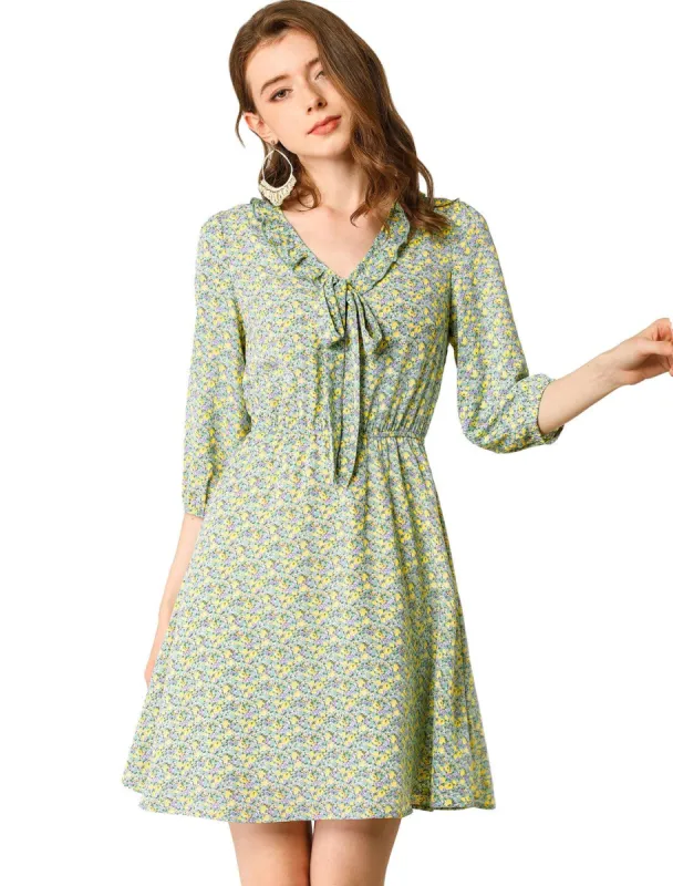 Women's Ruffle Neck Drop Waist Bow Tie Loose Flowy Floral Dress sold by Allegra K