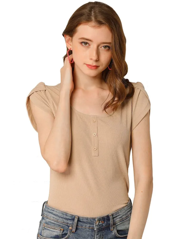 Women's Scoop Neck Short Tulip Sleeves Ribbed Blouse Top sold by Allegra K