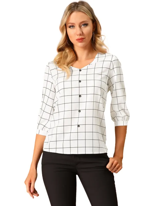 Women's Plaid Blouses 3/4 Sleeve  Check Spring Casual Shirt Tops sold by Allegra K