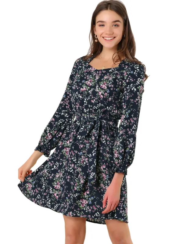 Women's Square Neck Dresses Floral Long Sleeve Spring Tie Waist Belt Dress sold by Allegra K