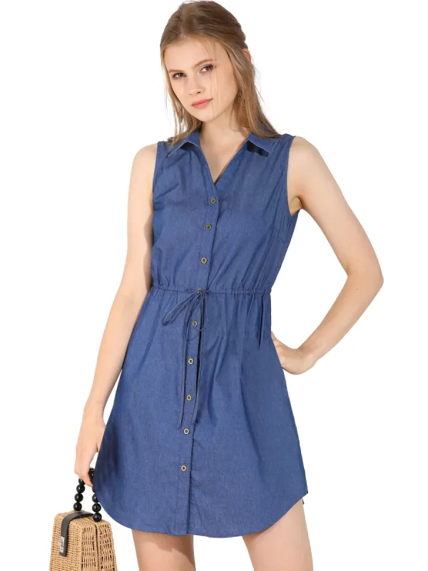 Women¡¯s Sleeveless Collar Button Down Tie Waist Belt Denim Shirt Dress sold by Allegra K