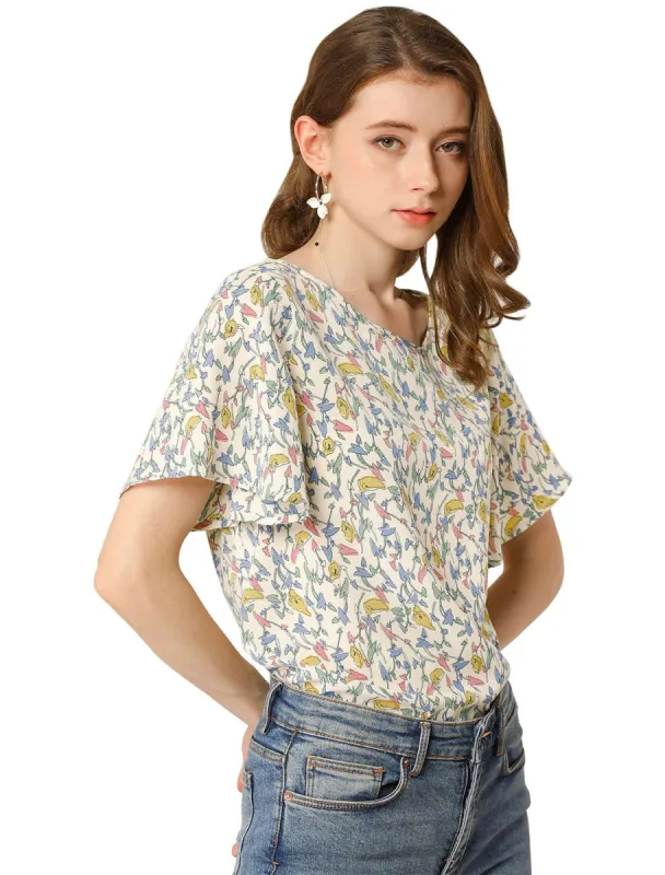 Women's Floral Butterfly Short Sleeve Round Neck Casual Chiffon Blouse Tops sold by Allegra K