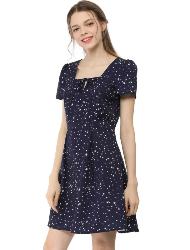 Allegra K Star Print Casual Square Neck Short Sleeve A-Line Dress sold by Allegra K