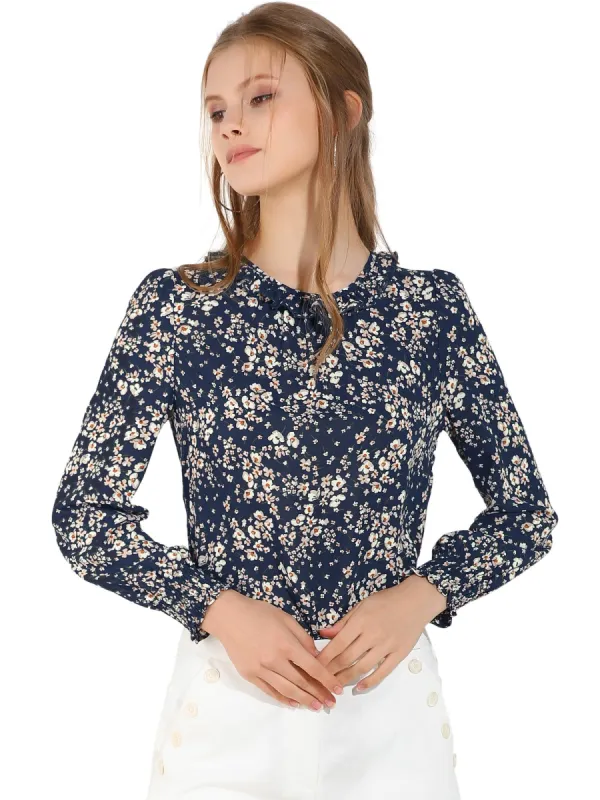Women's Smocked Cuffs Long Sleeve Ruffled Neck Casual Chiffon Floral Blouse sold by Allegra K