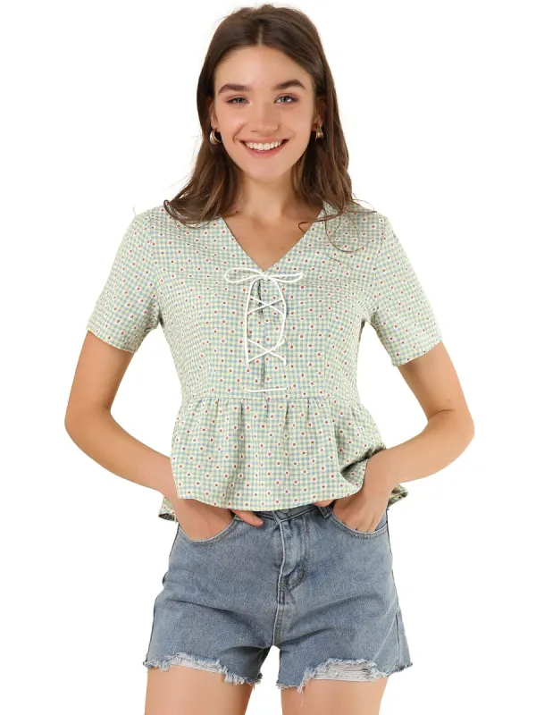 Women's Embroidered Daisy Floral V Neck Tie Closure Gingham Peplum Tops sold by Allegra K