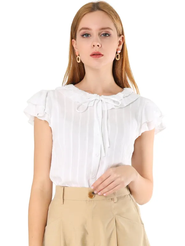 Women's Flutter Sleeve Button Front Ruffle Neck Tie Neck Cotton Work Blouse sold by Allegra K