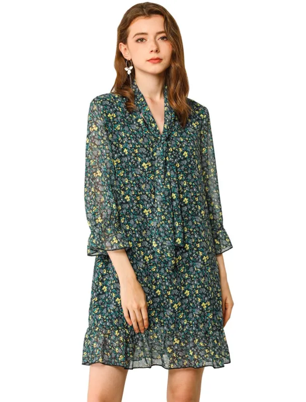 Women's Floral Print Ruffle Hem Bell Sleeve Chiffon Loose Shift Dress sold by Allegra K