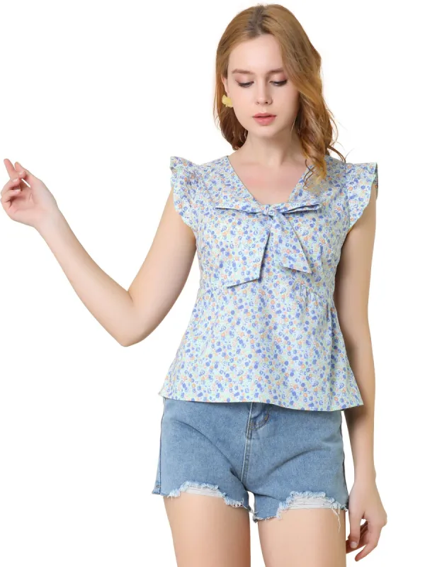 Women's Bow Tie Neck Summer Babydoll Casual Floral Ruffled Sleeve Tops sold by Allegra K