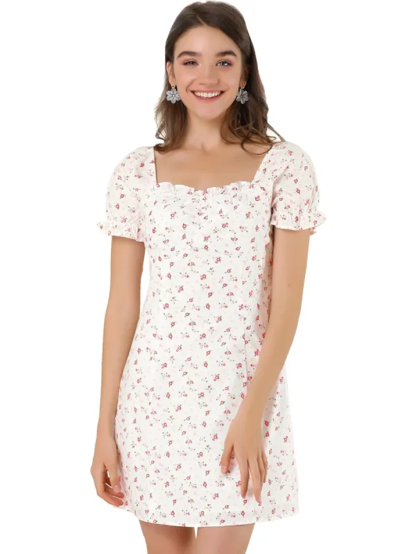 Women's Floral Puff Sleeve Sweetheart Neckline Ruched Front Ruffled Dresses sold by Allegra K