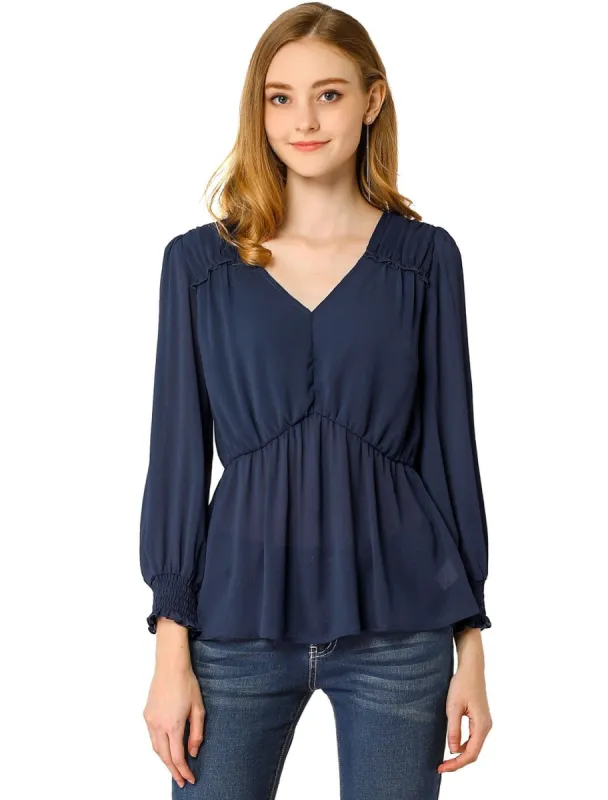 Women's Ruffled Long Puff Sleeves Blouses V Neck Solid Color Top sold by Allegra K