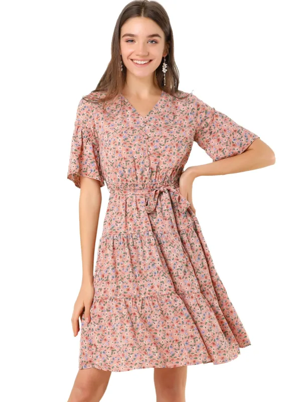 Women's Tiered Ruffle Hem Elastic Tie Waist V Neck Bell Sleeve Floral Dress sold by Allegra K