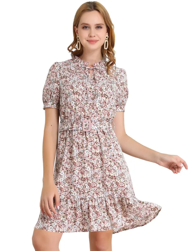 Women's Ruffle Neck Tie Neck Bubble Sleeve Belted Ruffle Hem Floral Dress sold by Allegra K