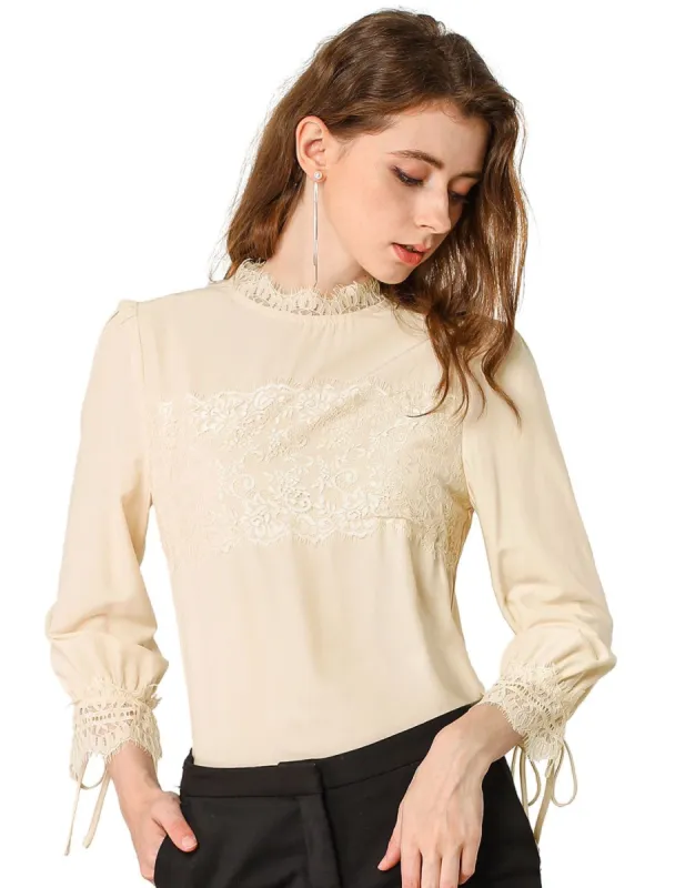 Women's 3/4 Sleeves Mock Neck Lace Panel Blouse sold by Allegra K