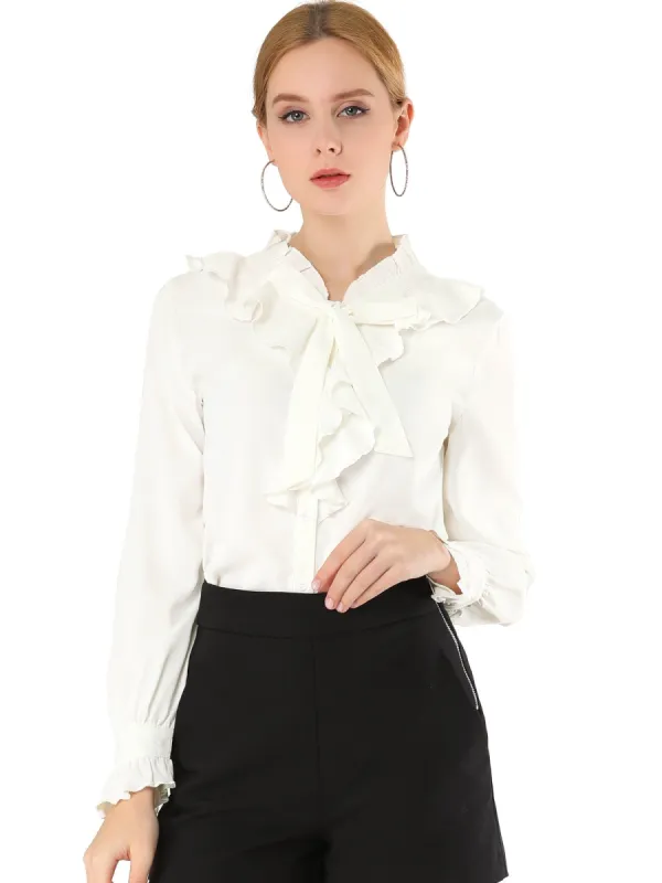 Women's Ruffle Neck Tie Neck Ruffle Cuff Button Front Solid Work Shirt sold by Allegra K