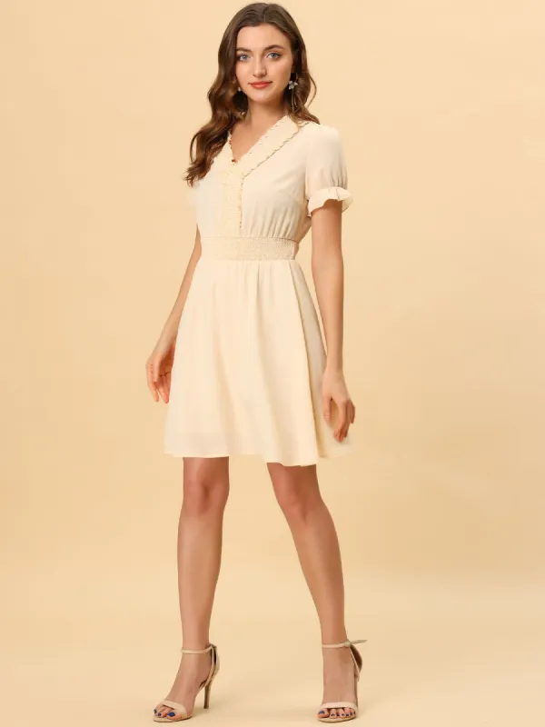 Chiffon Solid Color Flowy A-Line Puff Sleeve Elegant Smocked Dress sold by Allegra K
