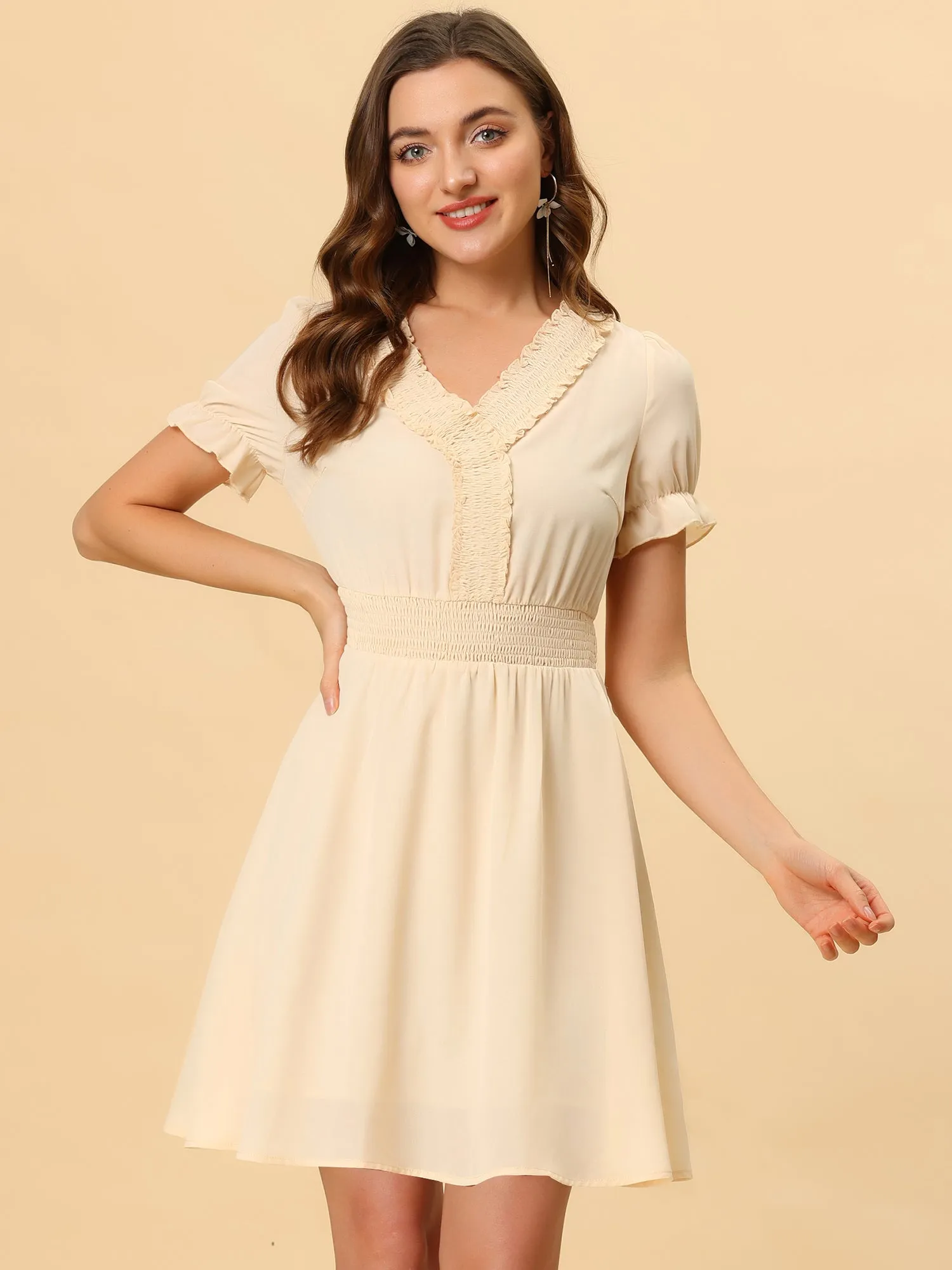 Chiffon Solid Color Flowy A-Line Puff Sleeve Elegant Smocked Dress sold by Allegra K product image thumbnail 2