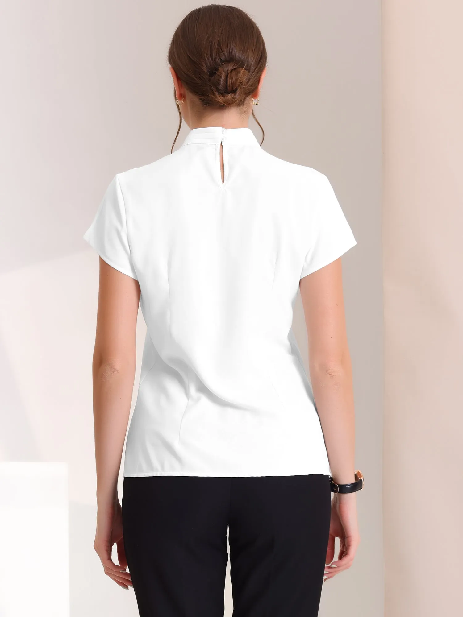 Mock Neck Work Top Cap Sleeve Pleated Front Basic Solid Blouse sold by Allegra K product image thumbnail 3