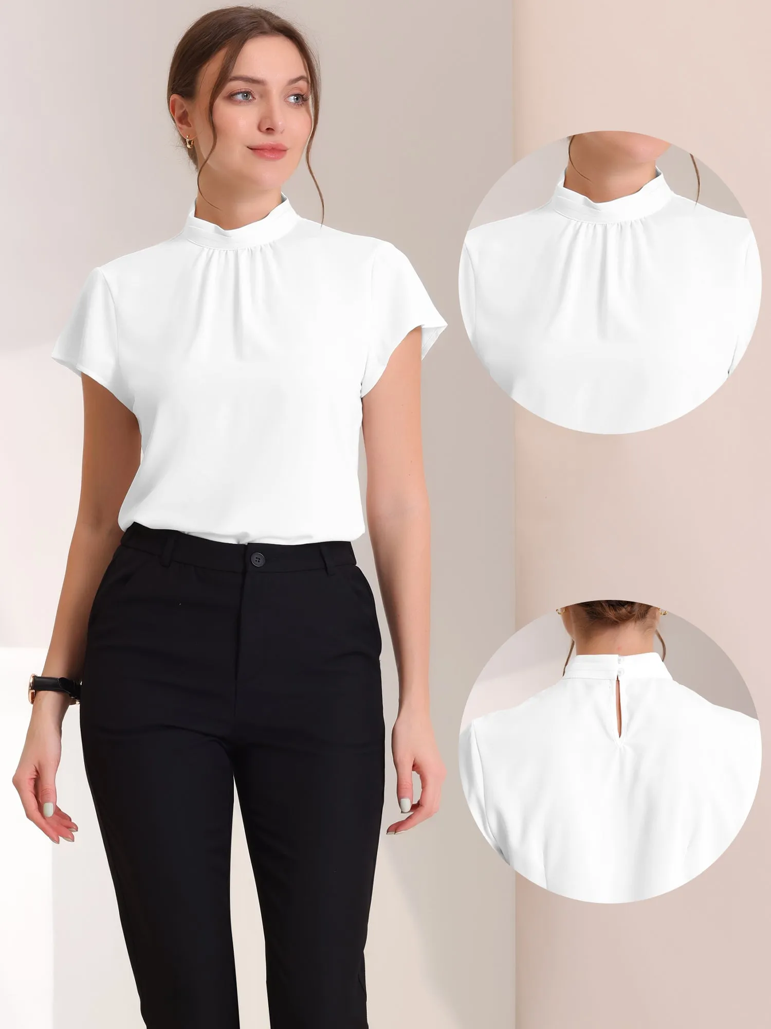 Mock Neck Work Top Cap Sleeve Pleated Front Basic Solid Blouse sold by Allegra K product image thumbnail 2