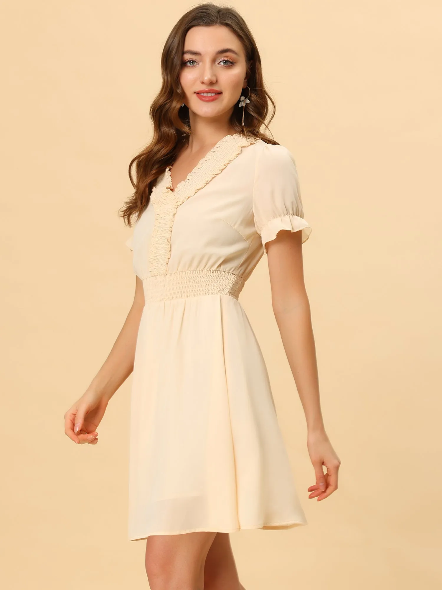 Chiffon Solid Color Flowy A-Line Puff Sleeve Elegant Smocked Dress sold by Allegra K product image thumbnail 3