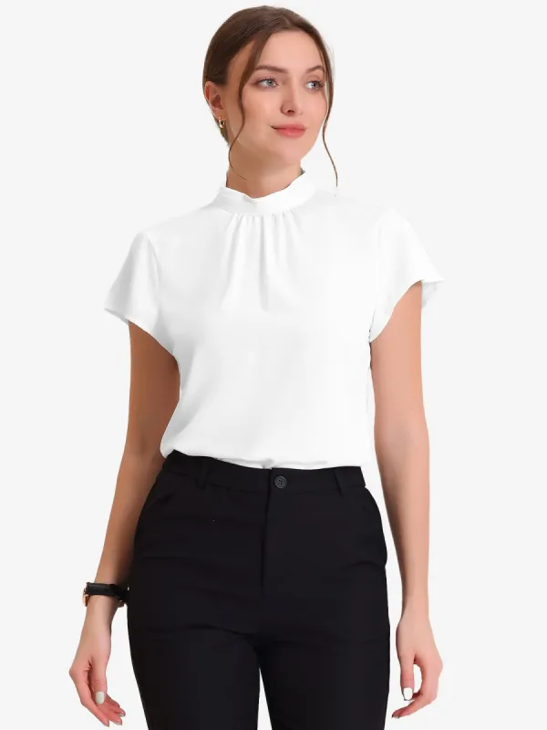 Mock Neck Work Top Cap Sleeve Pleated Front Basic Solid Blouse sold by Allegra K
