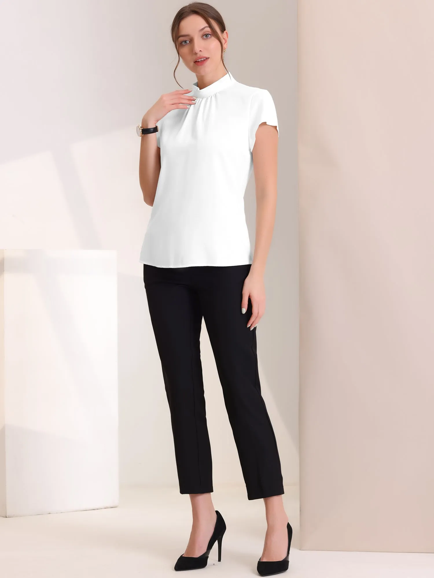 Mock Neck Work Top Cap Sleeve Pleated Front Basic Solid Blouse sold by Allegra K product image thumbnail 4