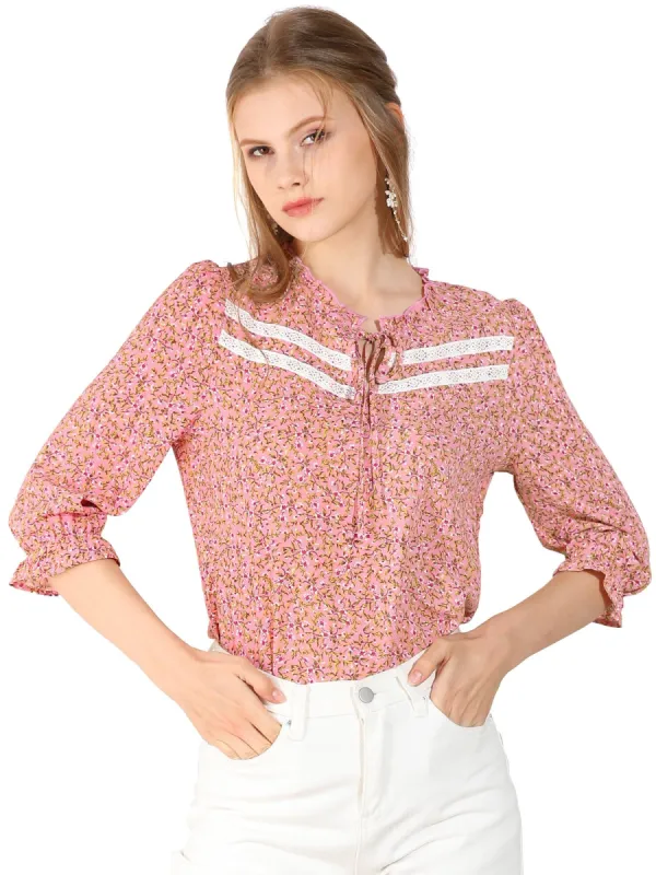 Women's Ruffle Split Tie Neck Lace Insert Puff Sleeve Floral Blouse Top sold by Allegra K