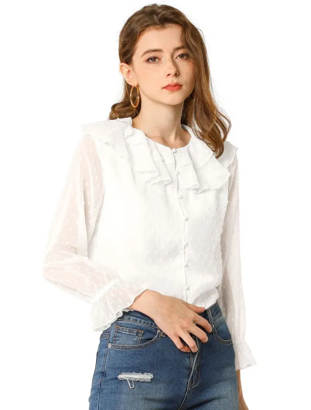 Women's Ruffle Neck Polka Dot Button Front Sheer Chiffon Blouse sold by Allegra K