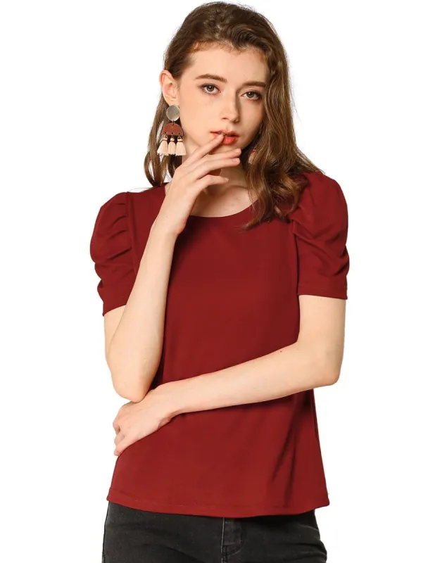 Women's Ruched Puff Sleeve Round Neck Slim Fit Solid Color Top Shirt sold by Allegra K