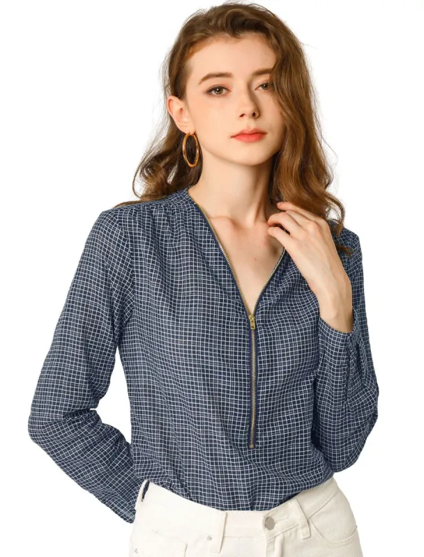 Women's Plaids Print Blouses V Neck Zipper Long Sleeve Button Cuff Casual Tops sold by Allegra K