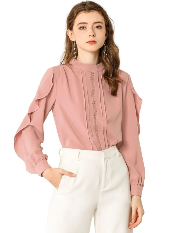 Women's Ruffle Mock Neck Blouse Work Chiffon Long Ruffled Sleeve Pleated Shirt Top sold by Allegra K
