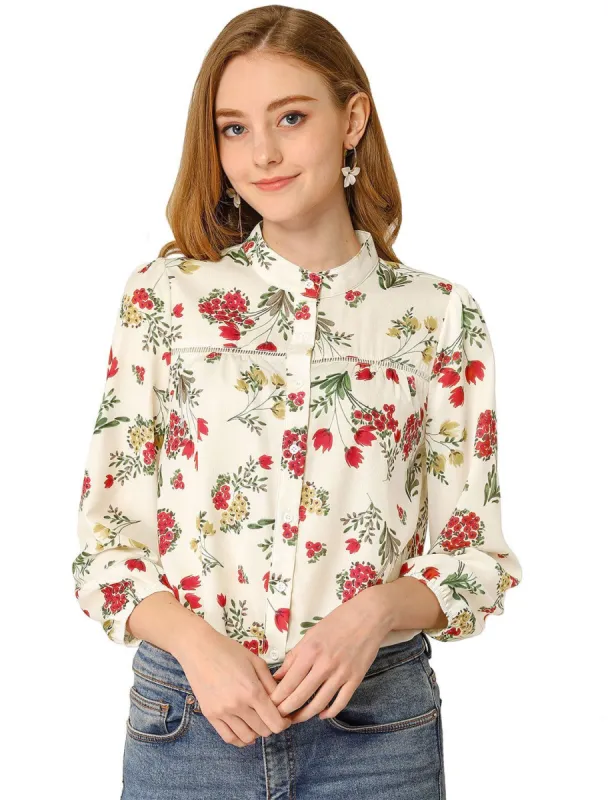 Women's Button Down Bracelet Sleeves Stand Collar Floral Blouse Shirt sold by Allegra K