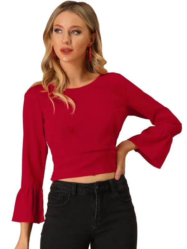 Women's Flare Sleeve Bow Tie Back Lightweight Party Blouse Top made by Allegra K