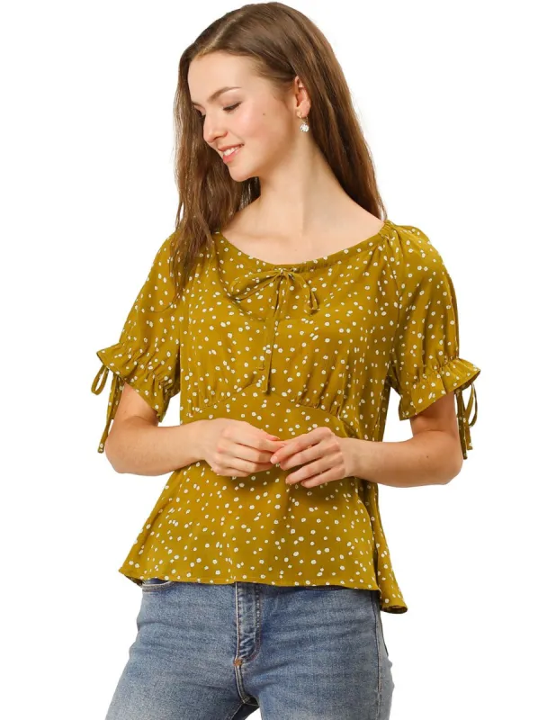 Women's Summer Ruffle Short Sleeve Blouse Casual Bow Tie Neckline Shirts Peplum Floral Tops sold by Allegra K