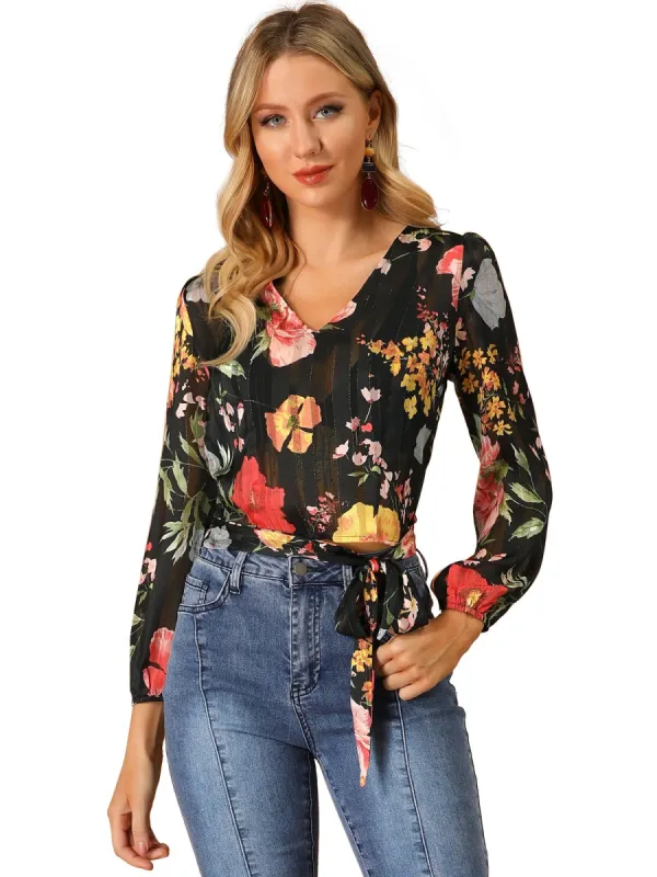 Women's Floral Print Crop Blouse V Neck Semi Sheer Long Sleeves Tie Hem Top sold by Allegra K