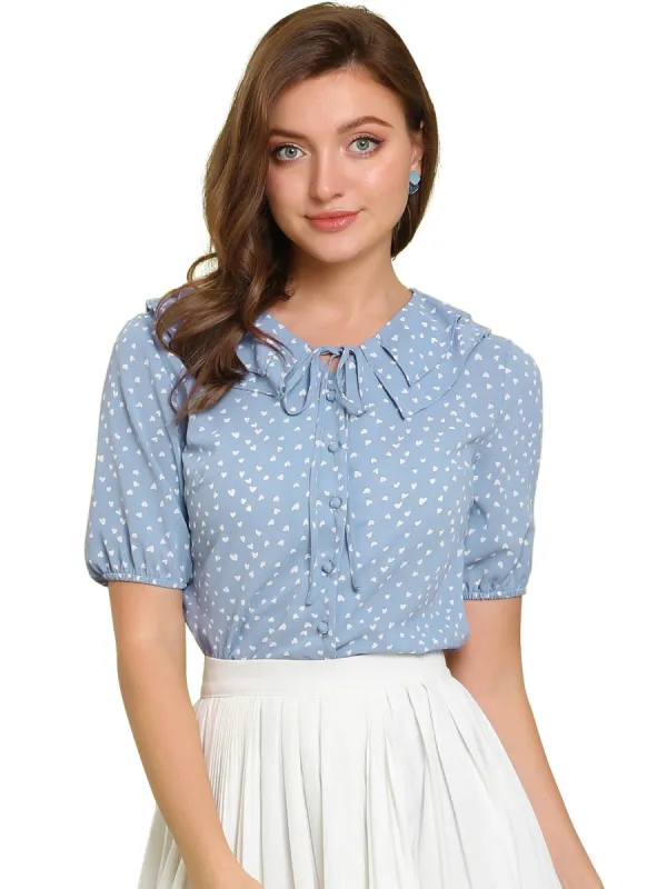 Women's Heart Print Short Sleeves Tie Neck Doll Collar Blouse Tops sold by Allegra K