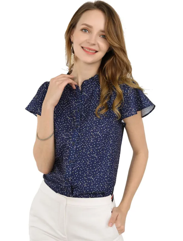 Allegra K Dot Print Ruffle Sleeve Button Up Top sold by Allegra K