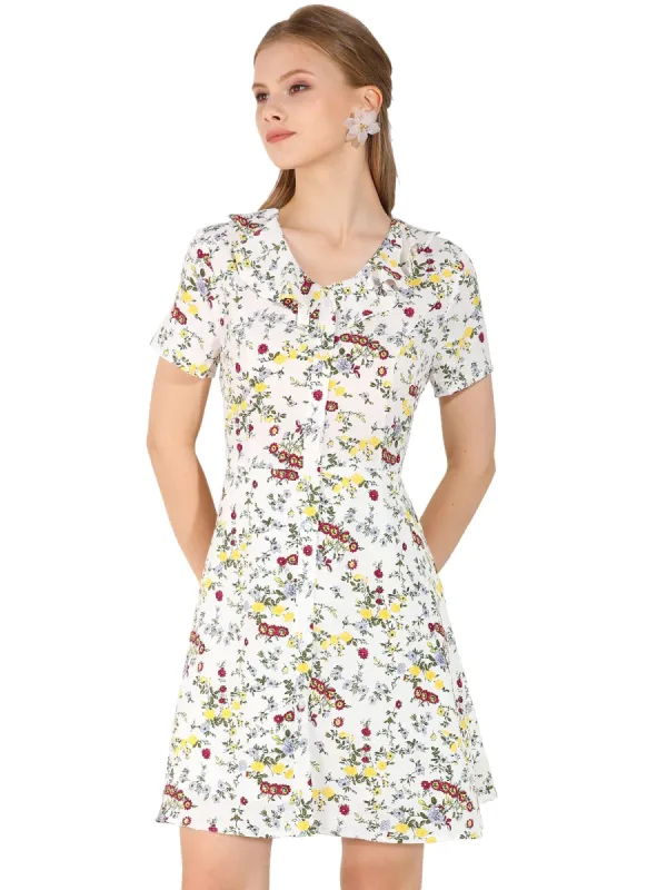 Women's Ruffle Neck Short Sleeve Elegant Floral Fit and Flare Dress sold by Allegra K