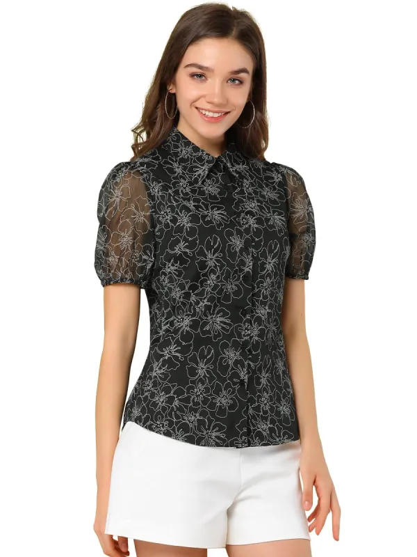 Women¡®s Sheer Mesh Puff Short Sleeve Button Down Casual Floral Shirt sold by Allegra K